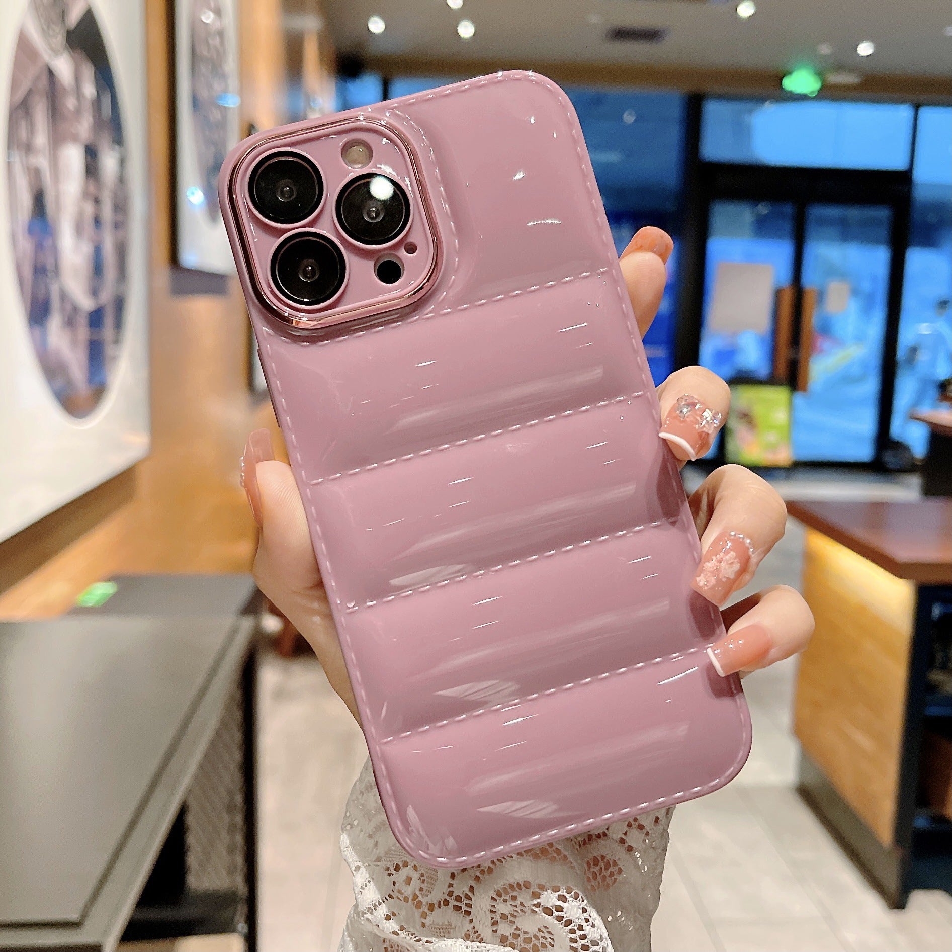 For iPhone 13 Pro 6.1 inch Anti-scratch TPU Phone Case Down Jacket Design Smartphone Cover with Lens Protector - Pink For iPhone 13 Pro 6.1 inch Anti-scratch TPU Phone Case Down Jacket Design Smartphone Cover with Lens Protector - Pink